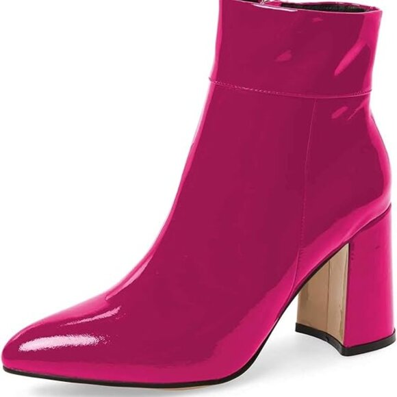 FSJ Fuchsia Pointed Toe Block High Heel Ankle Boots Glossy Patent Dress Booties - Picture 1 of 8